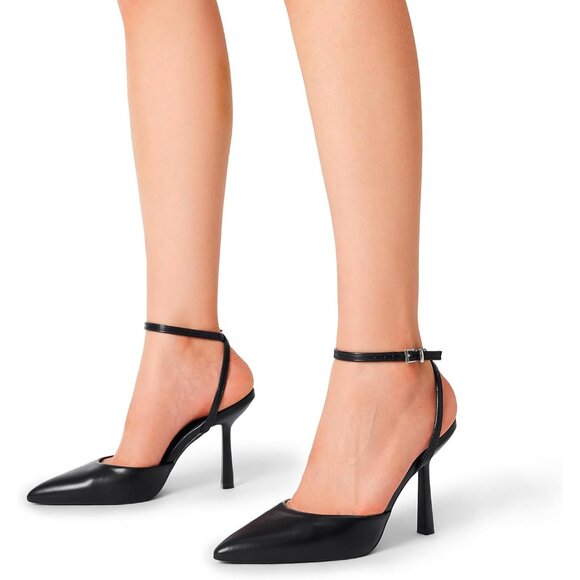 Women Black  High Heels Closed Pointed Toe Dress Ankle Strap Stiletto Heel Party - Picture 5 of 7